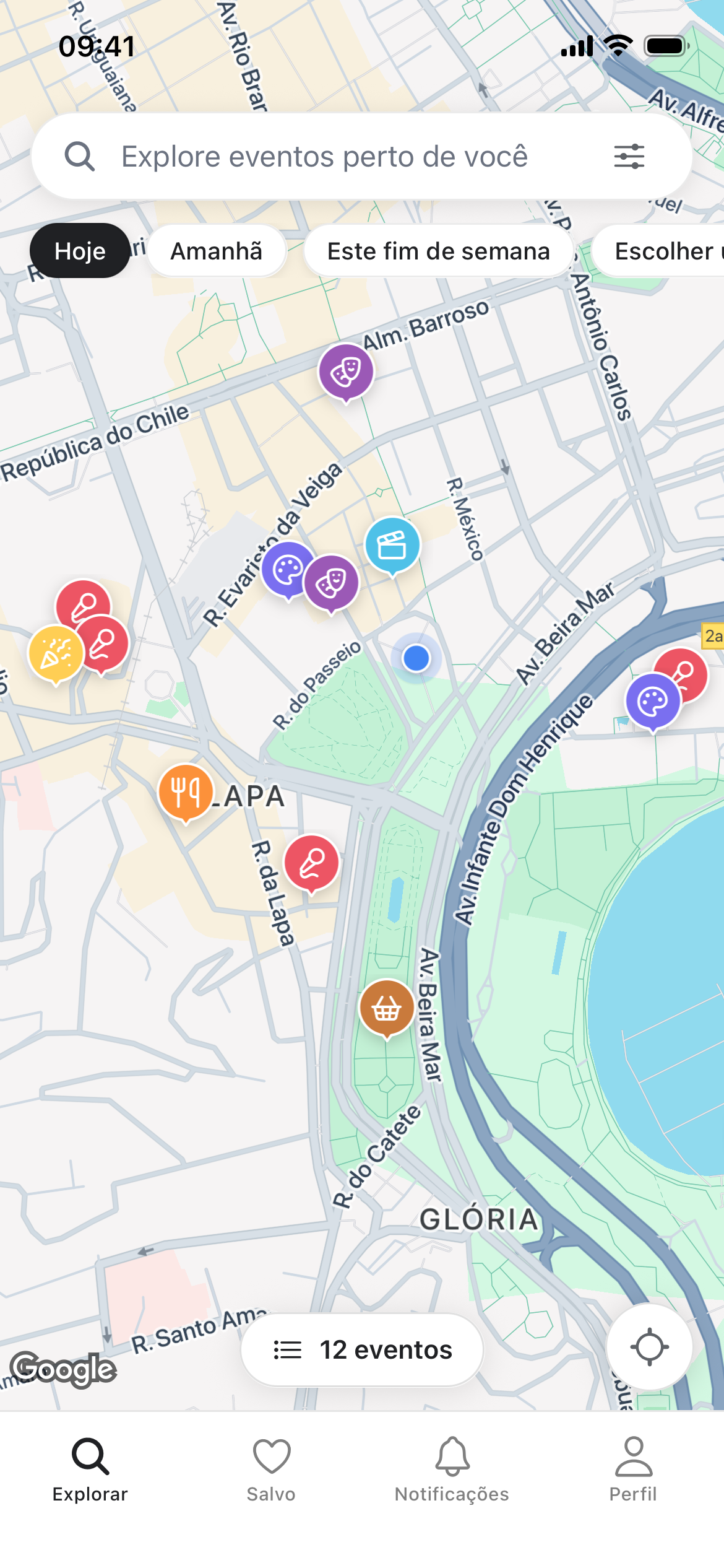 Screenshot do app Guve mostrando eventos no mapa